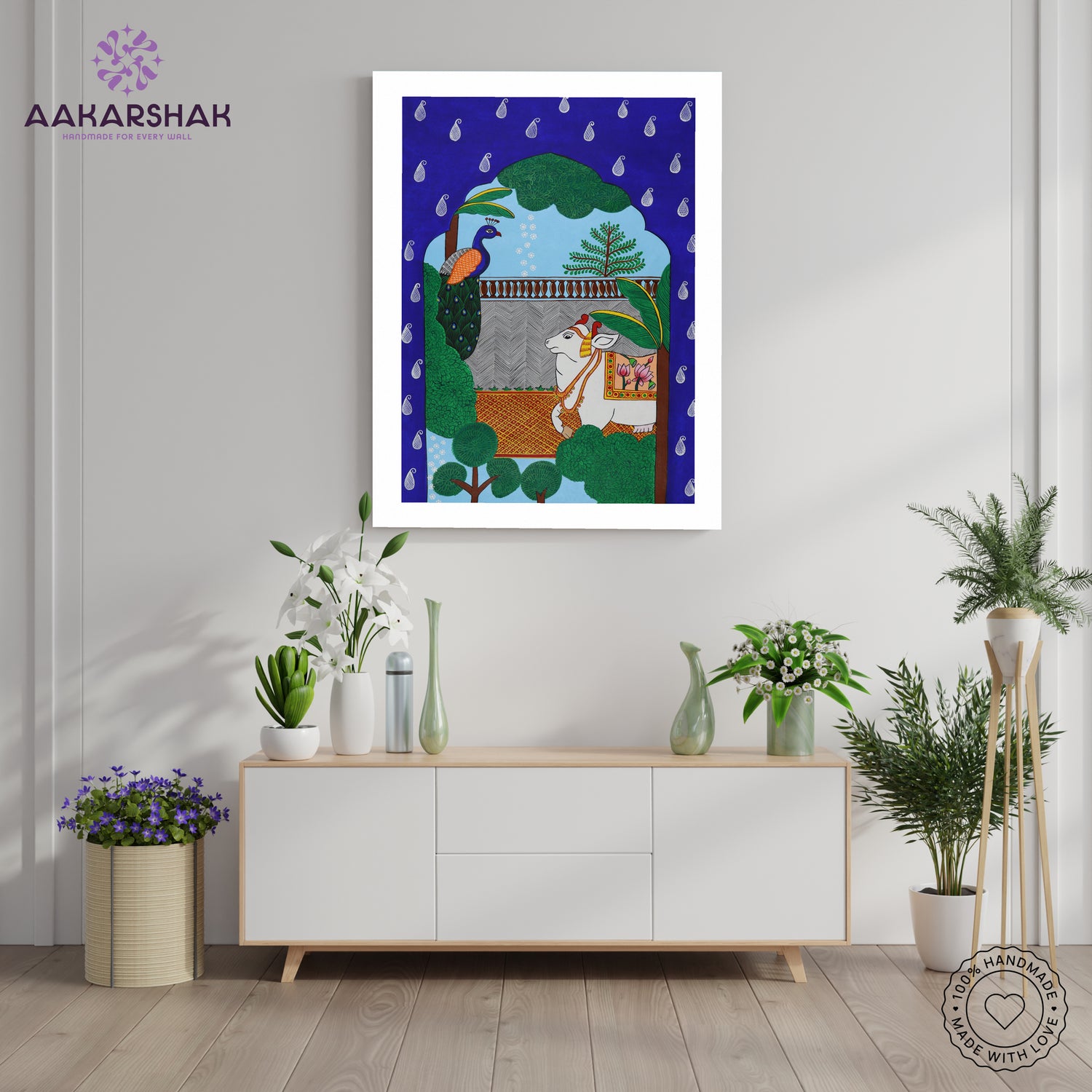 Framed artwork with cow-peacock design-handmade pichwai painting for home decor
