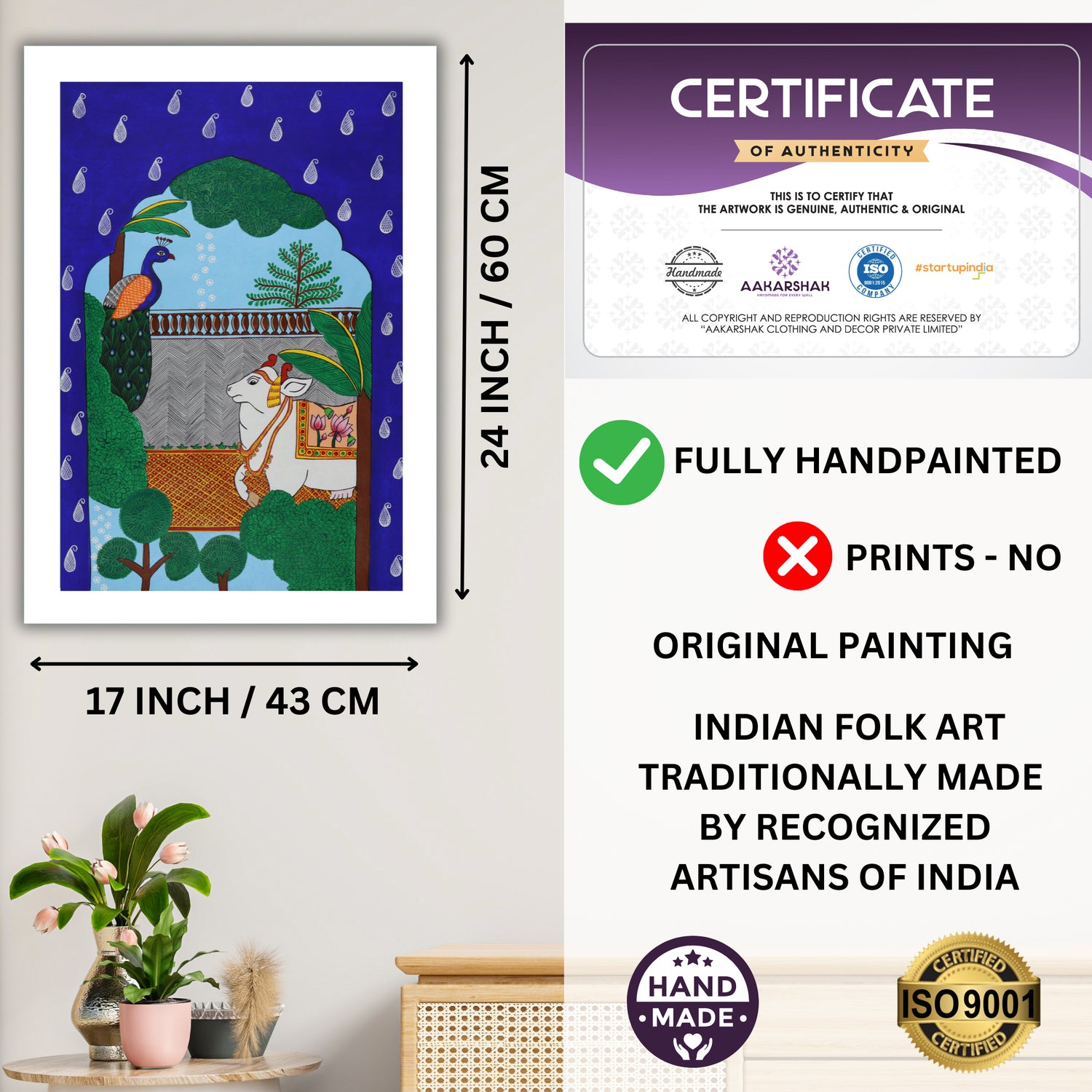 Framed artwork with dimensions, authenticity certificate and handmade iso certified-peacock pichwai painting