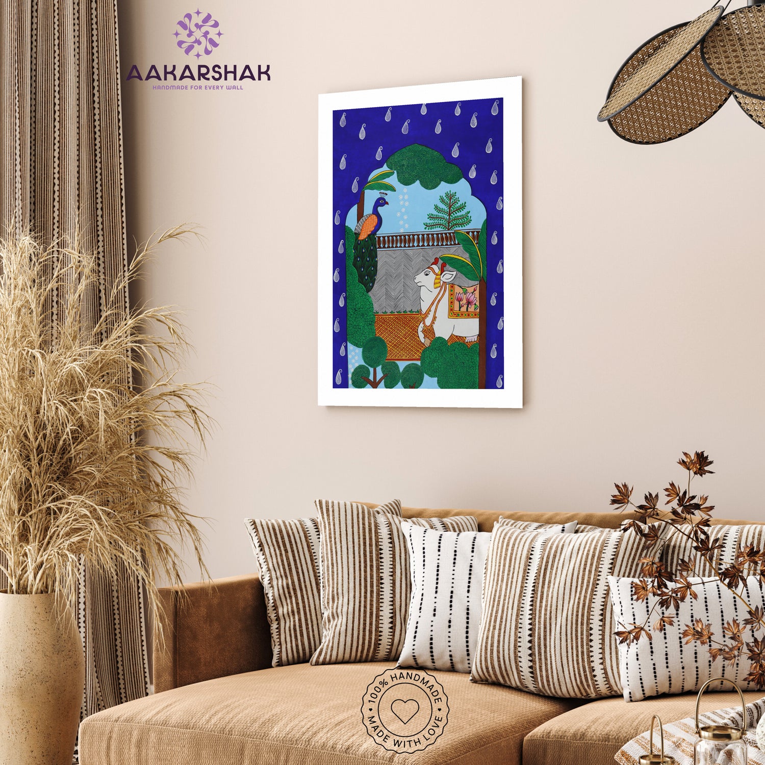vibrant handmade cow-peacock painting-depicting indian folk traditions