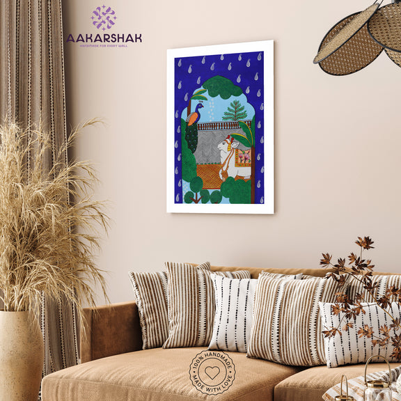 vibrant handmade cow-peacock painting-depicting indian folk traditions