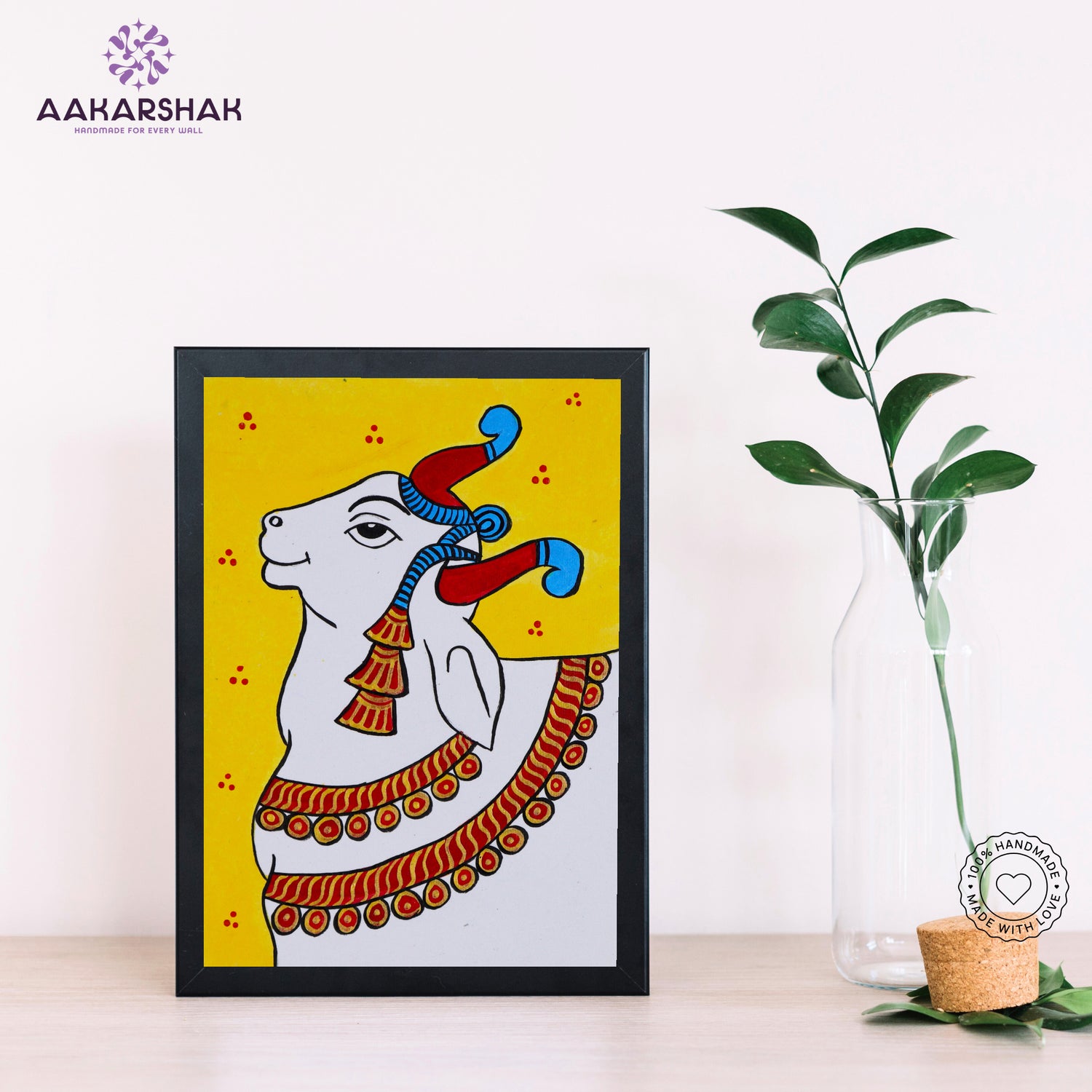 Handmade pichwai cow painting-with tabletop stand for home decor

