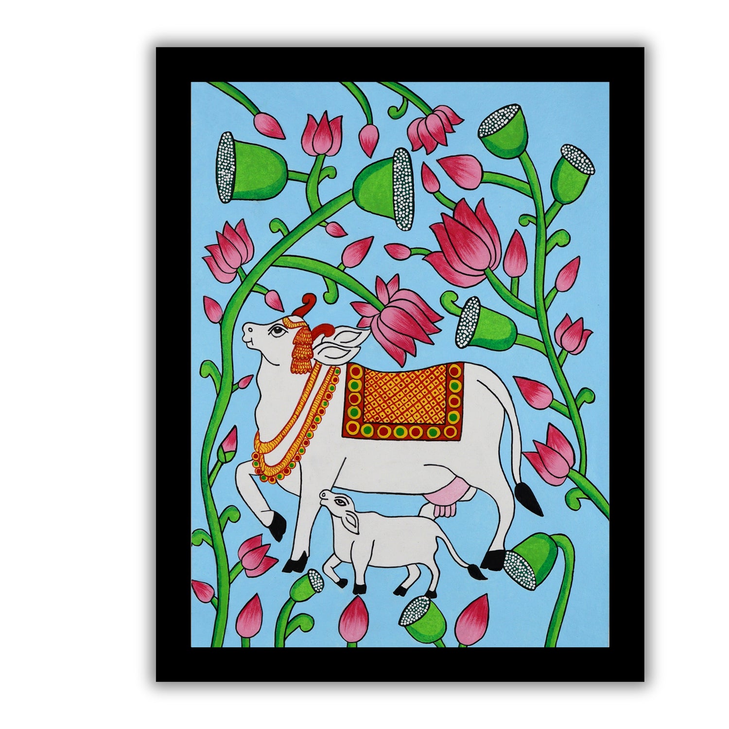 Framed artwork of a colorful cow illustration on a blue background-with handmade pichwai painting 
