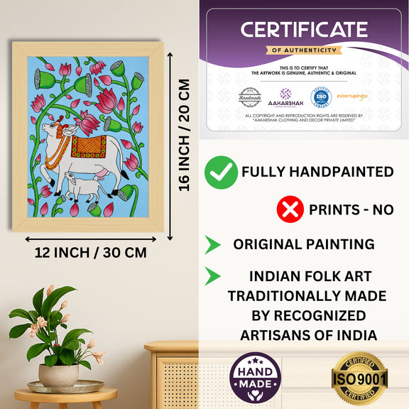 Framed artwork with dimensions, authenticity certificate and handmade iso certified-cow pichwai painting
