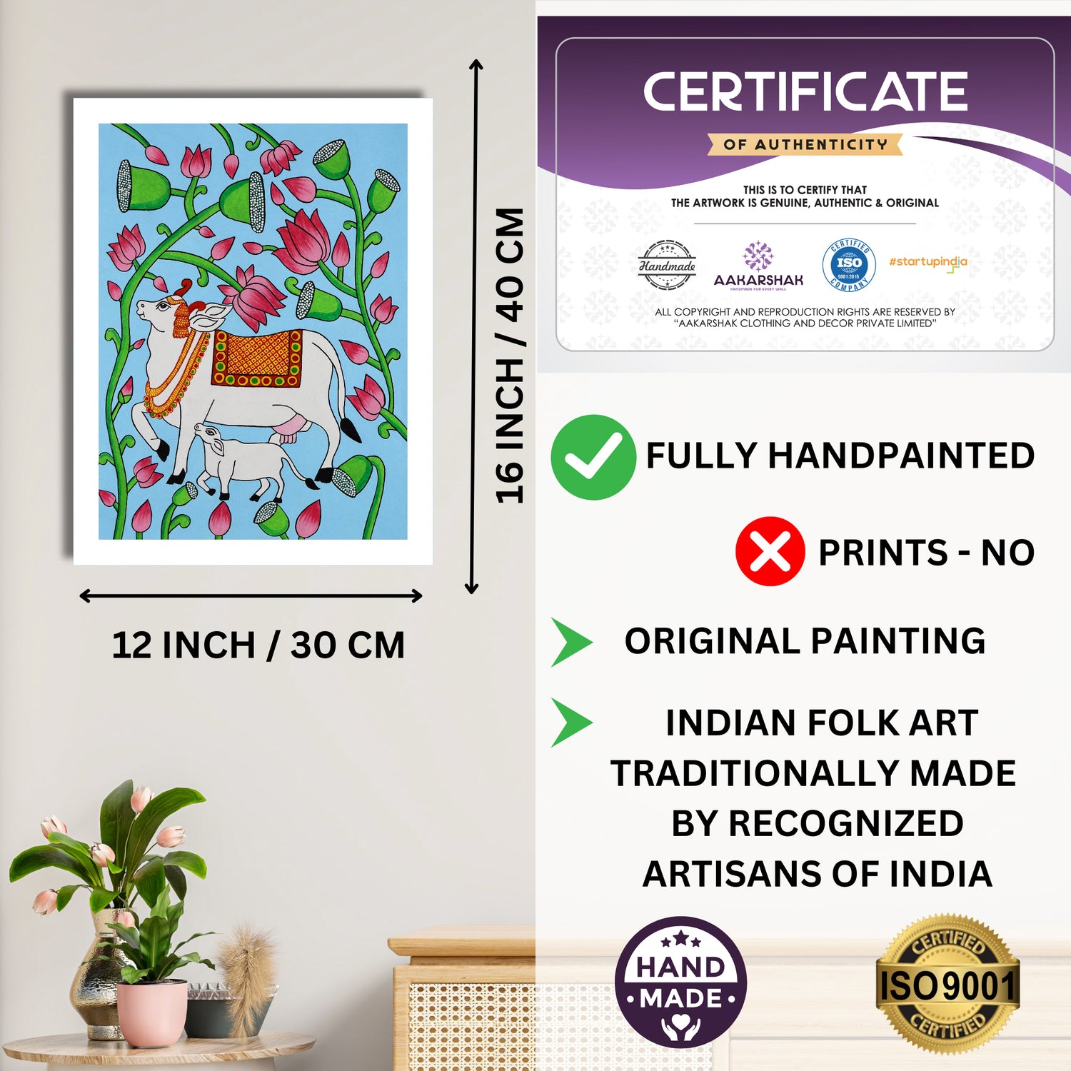 Framed artwork with dimensions, authenticity certificate and handmade iso certified-cow pichwai painting
