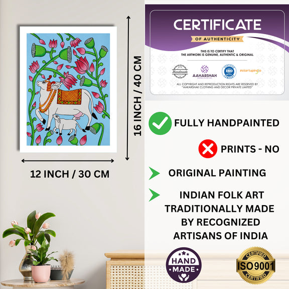 Framed artwork with dimensions, authenticity certificate and handmade iso certified-cow pichwai painting
