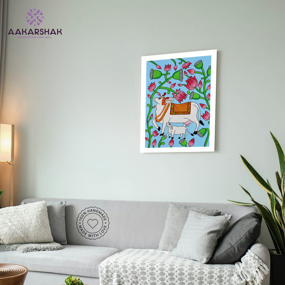 vibrant handmade cow painting-depicting indian folk traditions