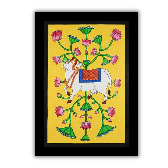 Framed artwork of a colorful cow handmade pichwai painting 