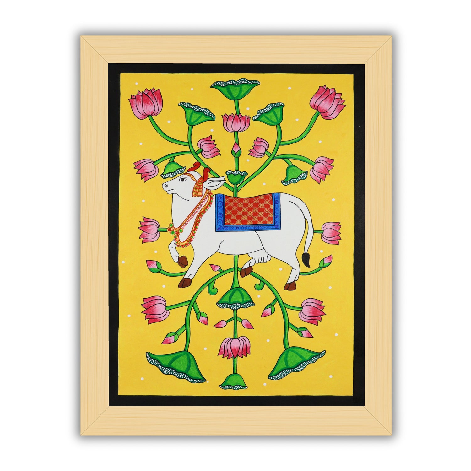 Framed artwork of a colorful cow handmade pichwai painting 