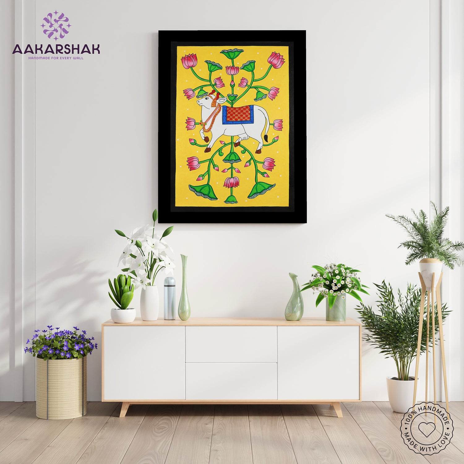 Framed artwork with cow design-handmade pichwai painting for home decor