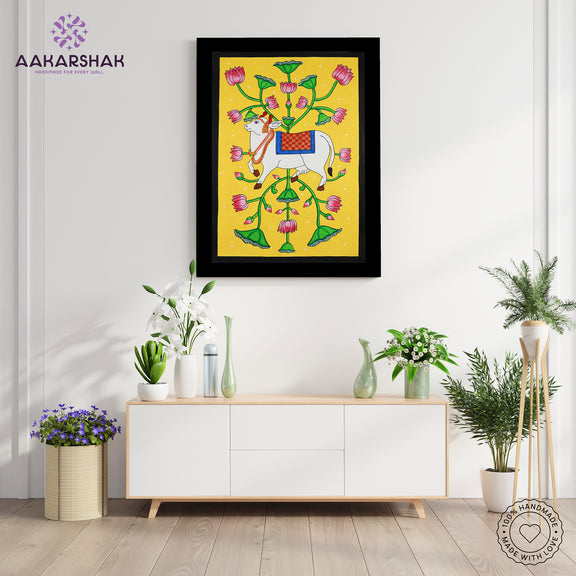 Framed artwork with cow design-handmade pichwai painting for home decor