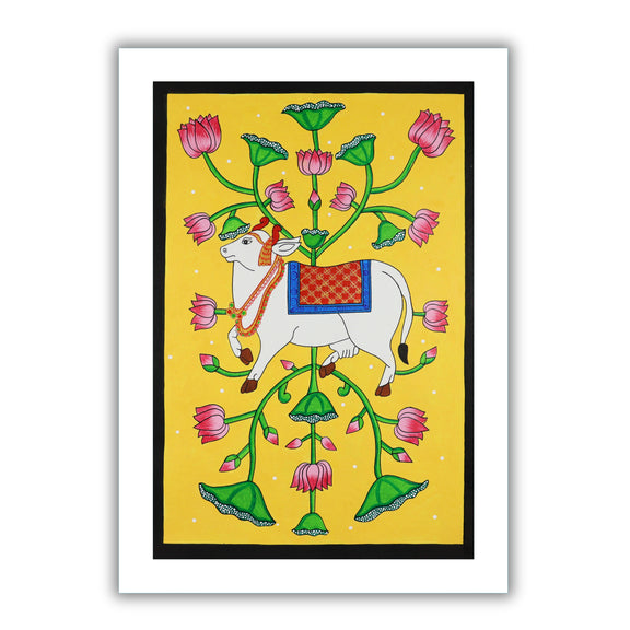 Framed artwork of a colorful cow handmade pichwai painting 