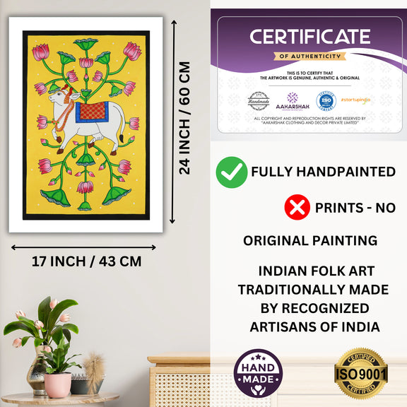 Framed artwork with dimensions, authenticity certificate and handmade iso certified-cow pichwai painting