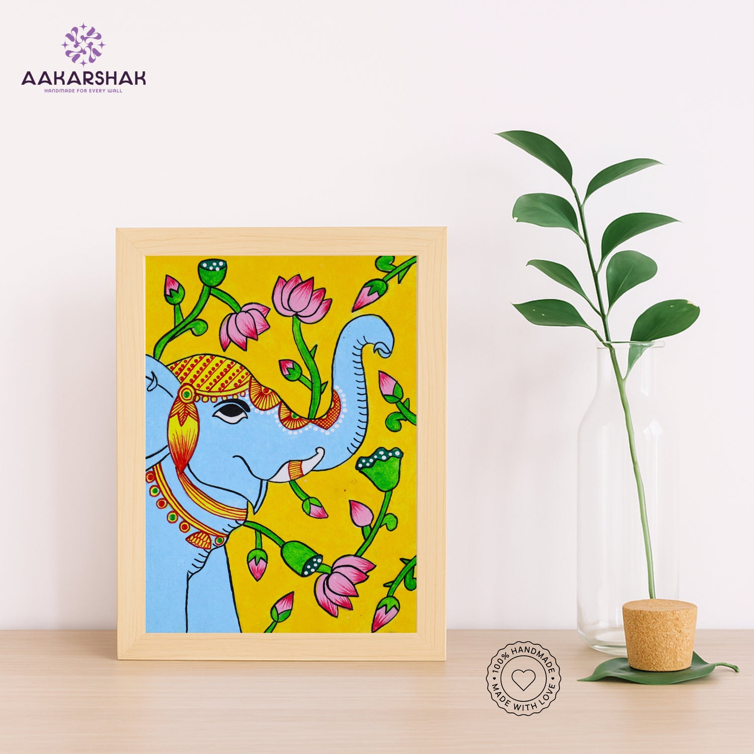 Handmade pichwai elephant painting-with tabletop stand for home decor

