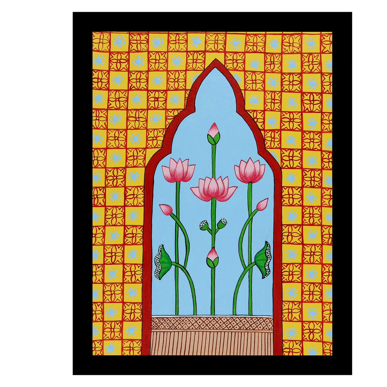Framed artwork of a colorful jharokha -with handmade pichwai painting 