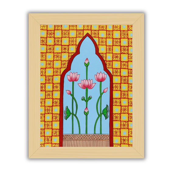 Framed artwork of a colorful jharokha illustration on a blue background-with handmade pichwai painting 