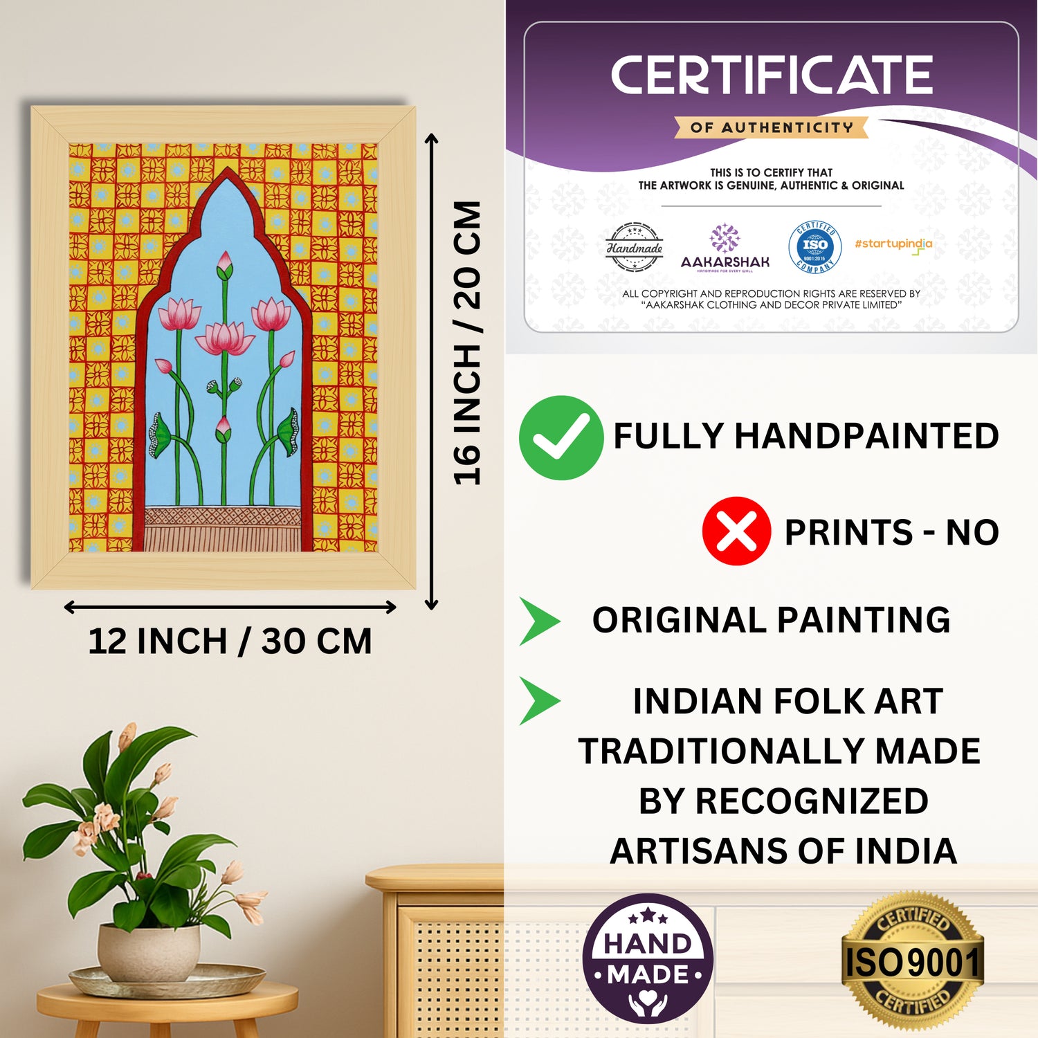 Framed artwork with dimensions, authenticity certificate and handmade iso certified-jharokha pichwai painting