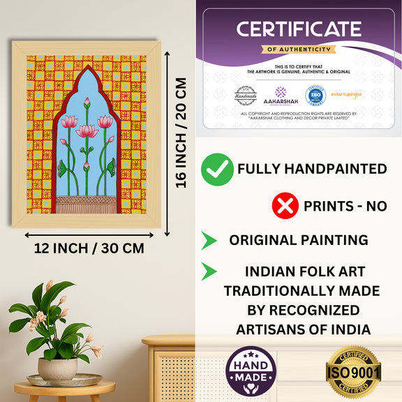 Framed artwork with dimensions, authenticity certificate and handmade iso certified-jharokha pichwai painting