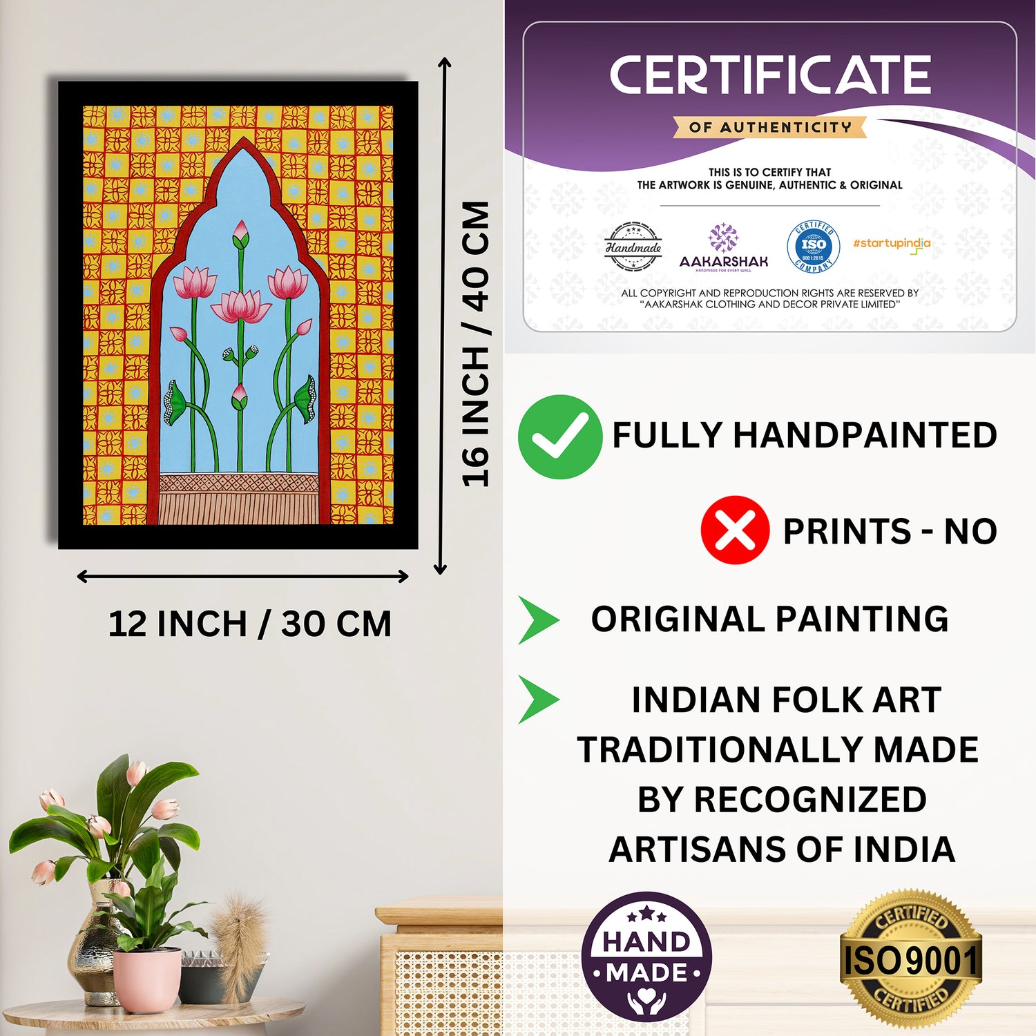 Framed artwork with dimensions, authenticity certificate and handmade iso certified-jharokha pichwai painting