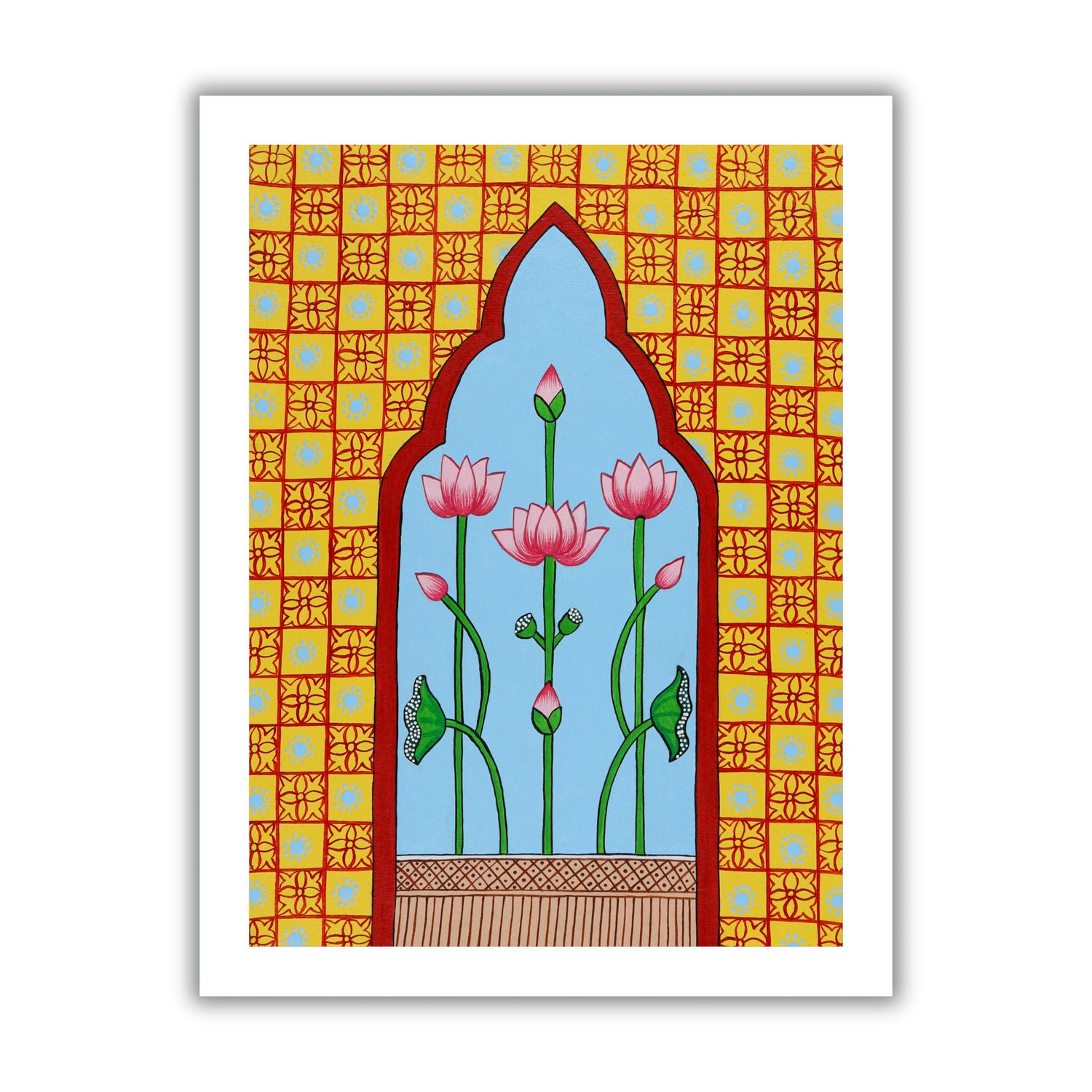 Framed artwork of a colorful jharokha illustration on a blue background-with handmade pichwai painting 