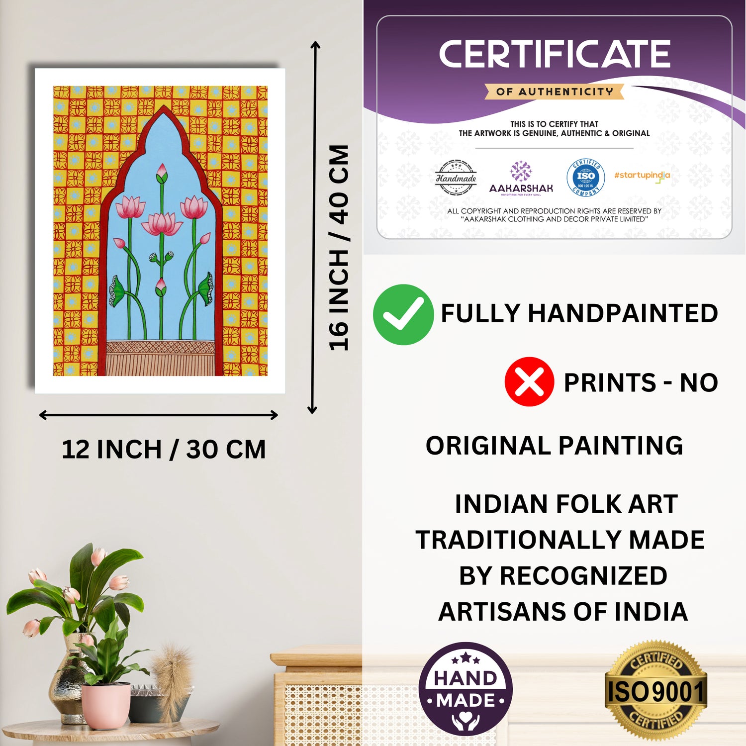 Framed artwork with dimensions, authenticity certificate and handmade iso certified-jharokha pichwai painting