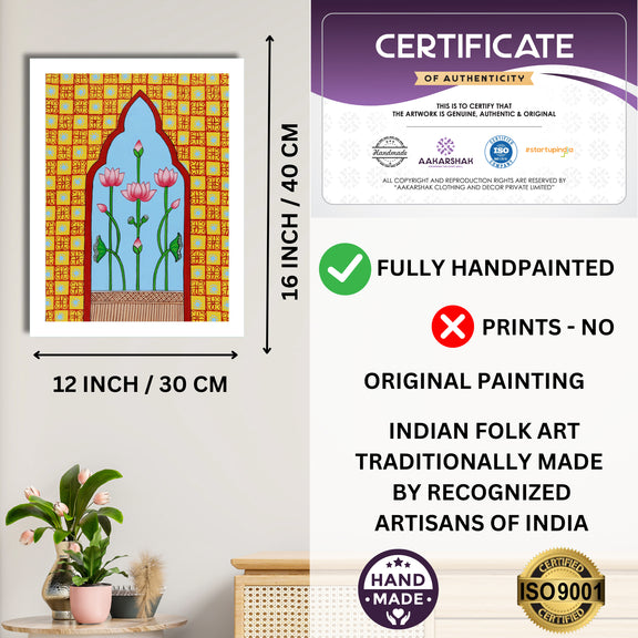 Framed artwork with dimensions, authenticity certificate and handmade iso certified-jharokha pichwai painting