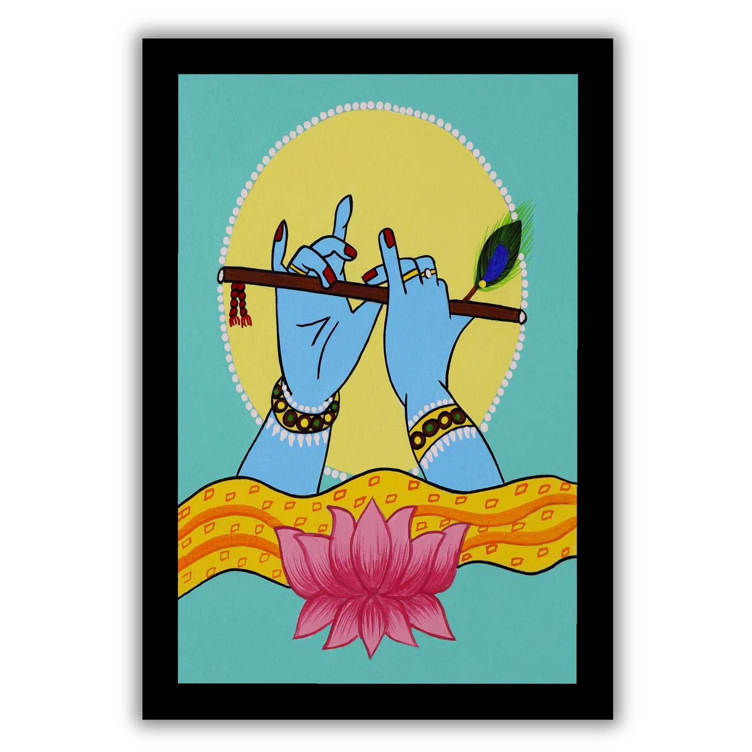 pichwai painting krishna illustration of hands and flute with a lotus flower and peacock feather on a teal green background.