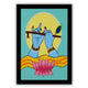 pichwai painting krishna illustration of hands and flute with a lotus flower and peacock feather on a teal green background.