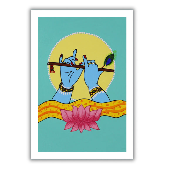 pichwai painting krishna illustration of hands and flute with a lotus flower and peacock feather on a teal green background.