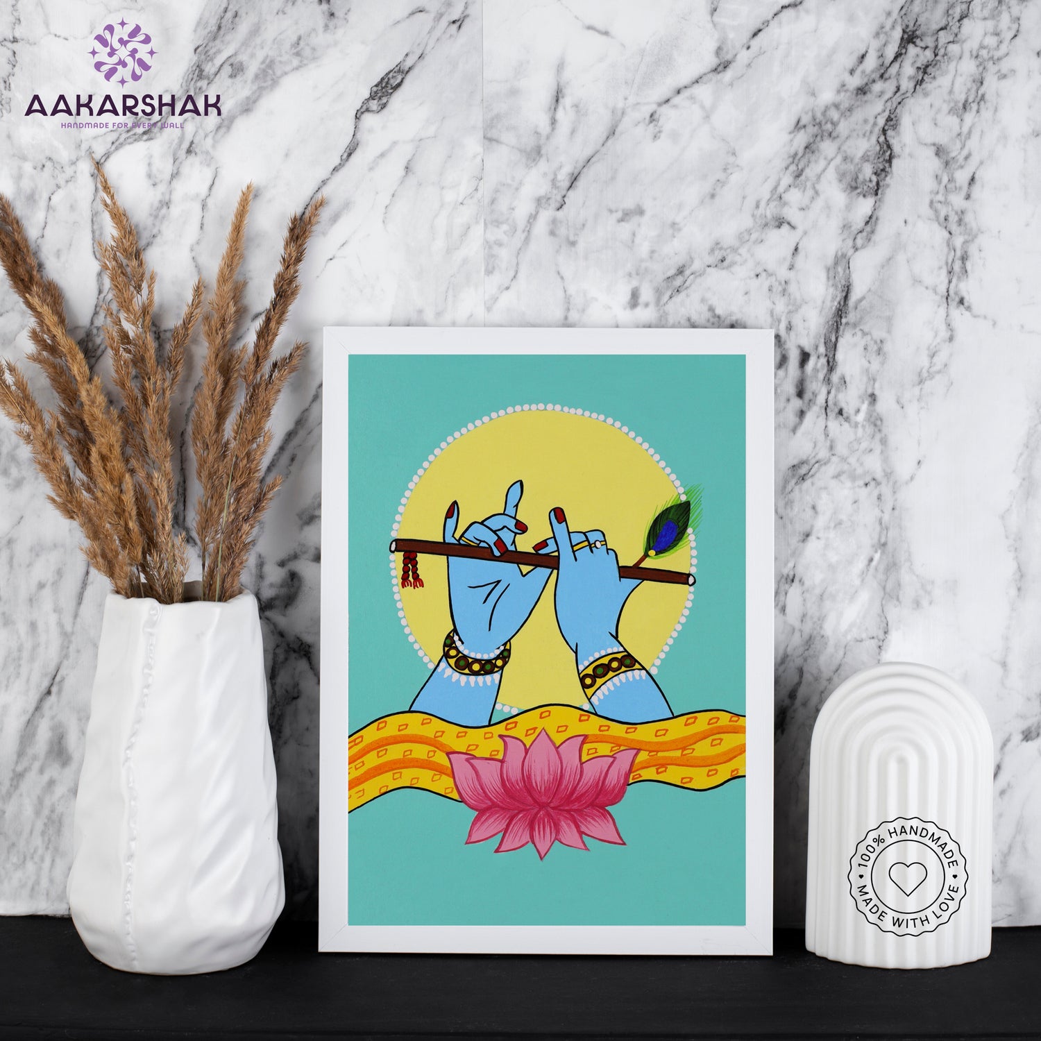 Framed artwork with krishna hands playing a flute on a teal background-with tabletop stand for home decor
