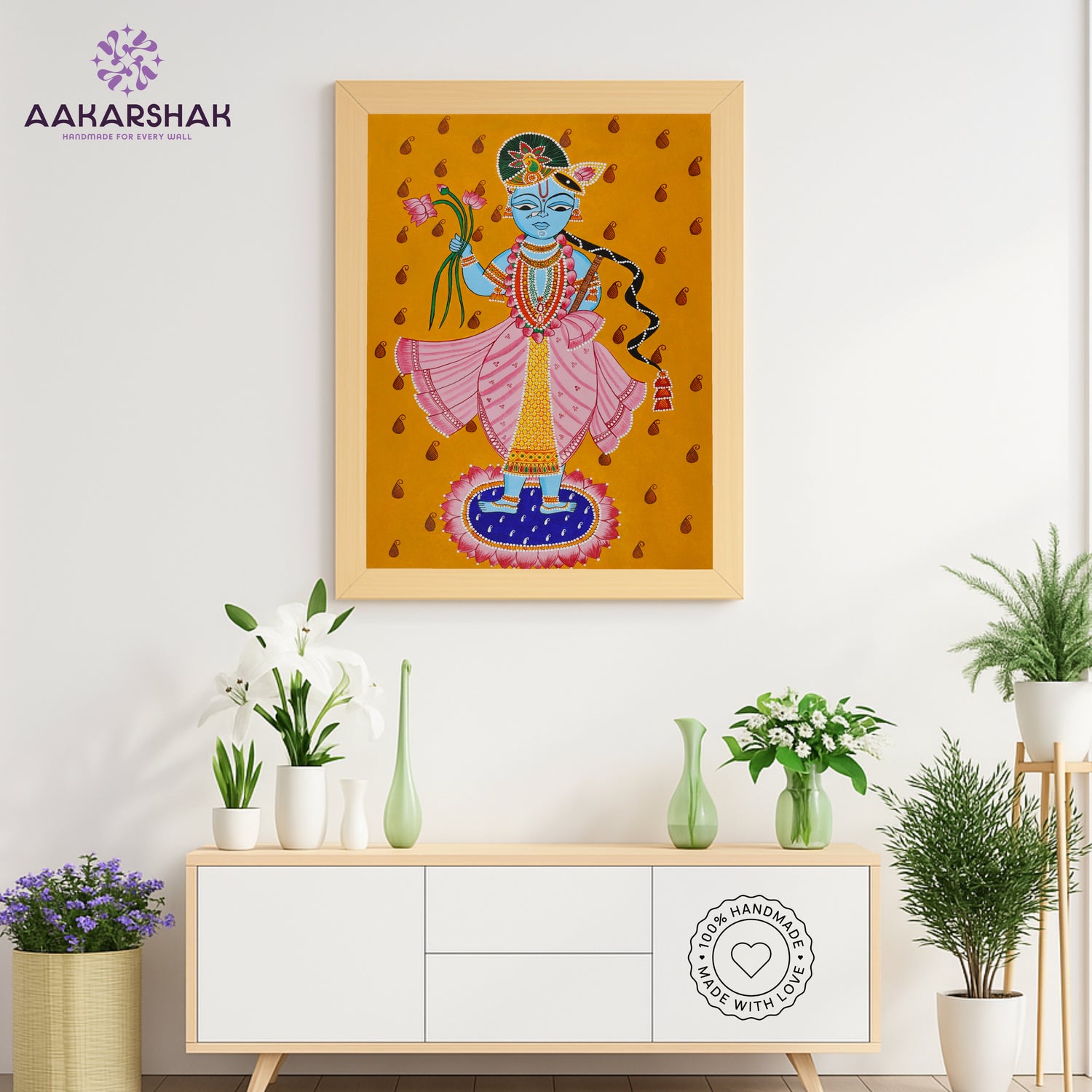 Framed artwork with krishna design-handmade pichwai painting for home decor