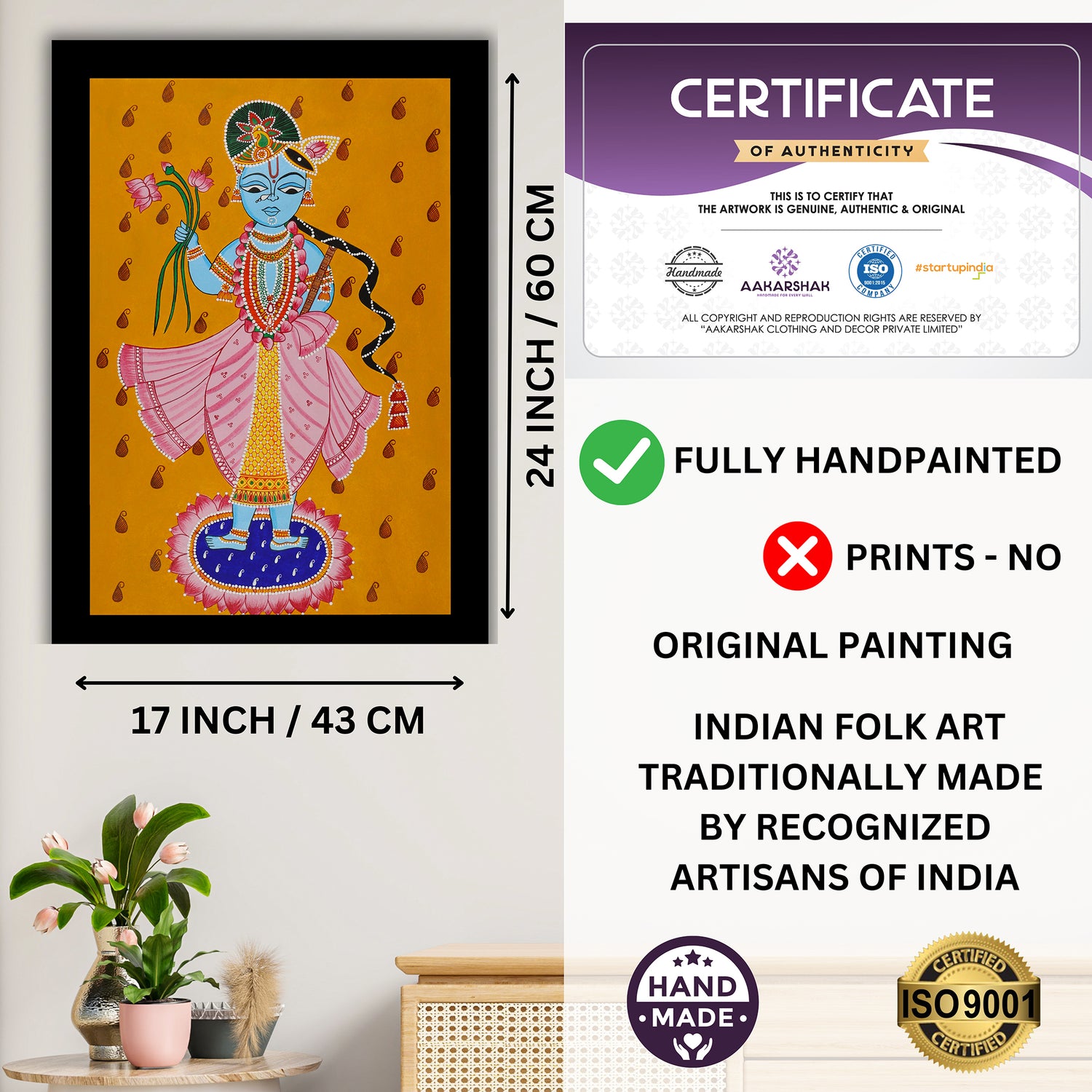 Framed artwork with dimensions, authenticity certificate and handmade iso certified-krishna pichwai painting