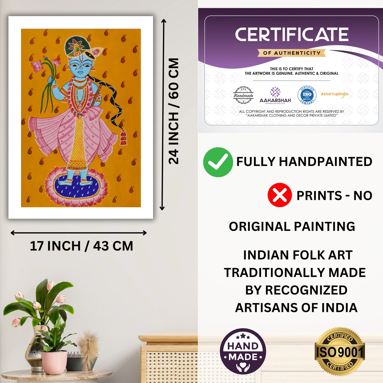 Framed artwork with dimensions, authenticity certificate and handmade iso certified-krishna pichwai painting