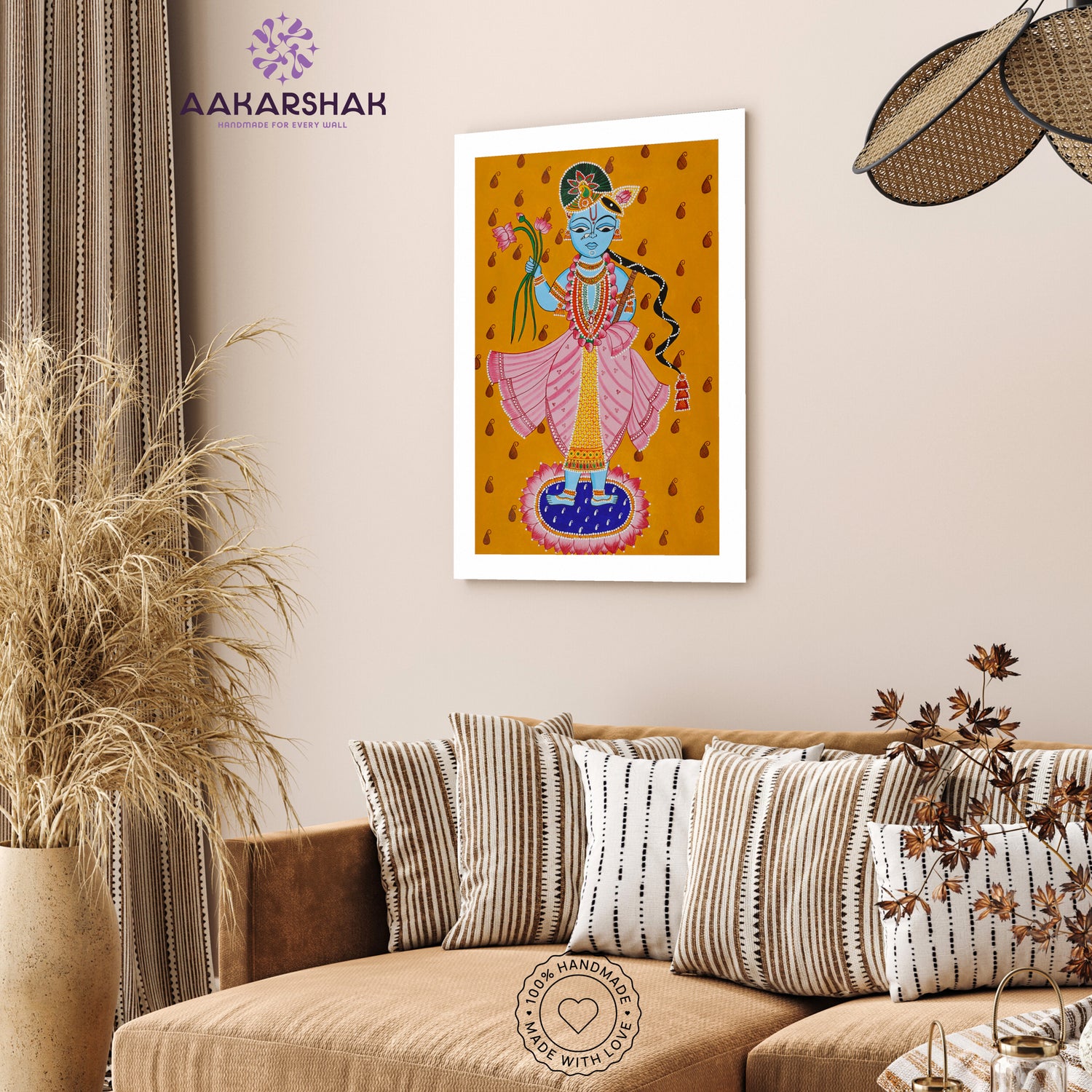 vibrant handmade krishna painting-depicting indian folk traditions