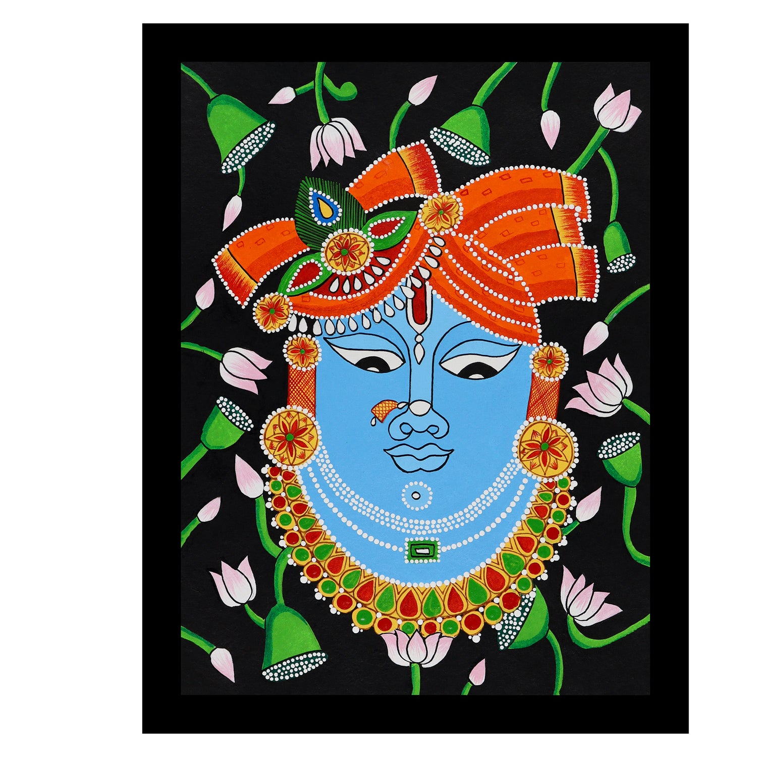Framed artwork of a colorful krishna illustration on a black background-with handmade pichwai painting 