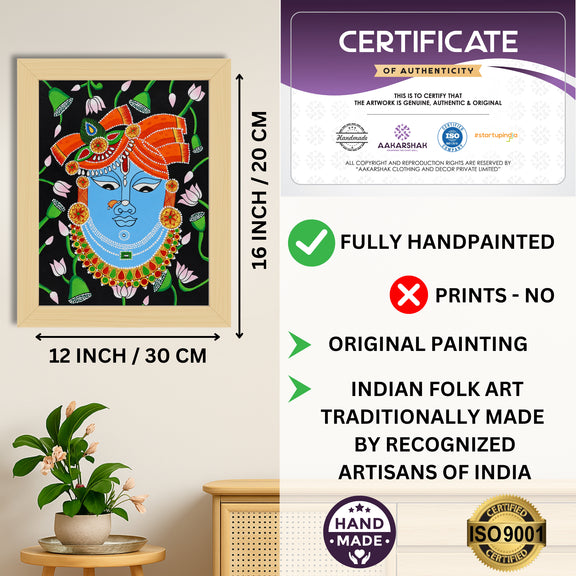 Framed artwork with dimensions, authenticity certificate and handmade iso certified-krishna pichwai painting