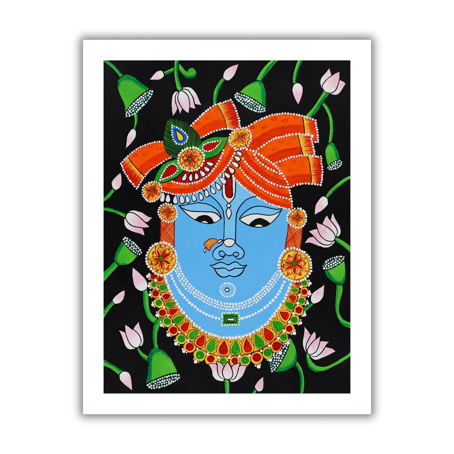 Framed artwork of a colorful krishna illustration on a black background-with handmade pichwai painting 