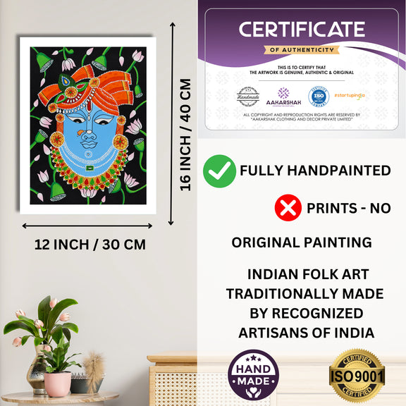 Framed artwork with dimensions, authenticity certificate and handmade iso certified-krishna pichwai painting