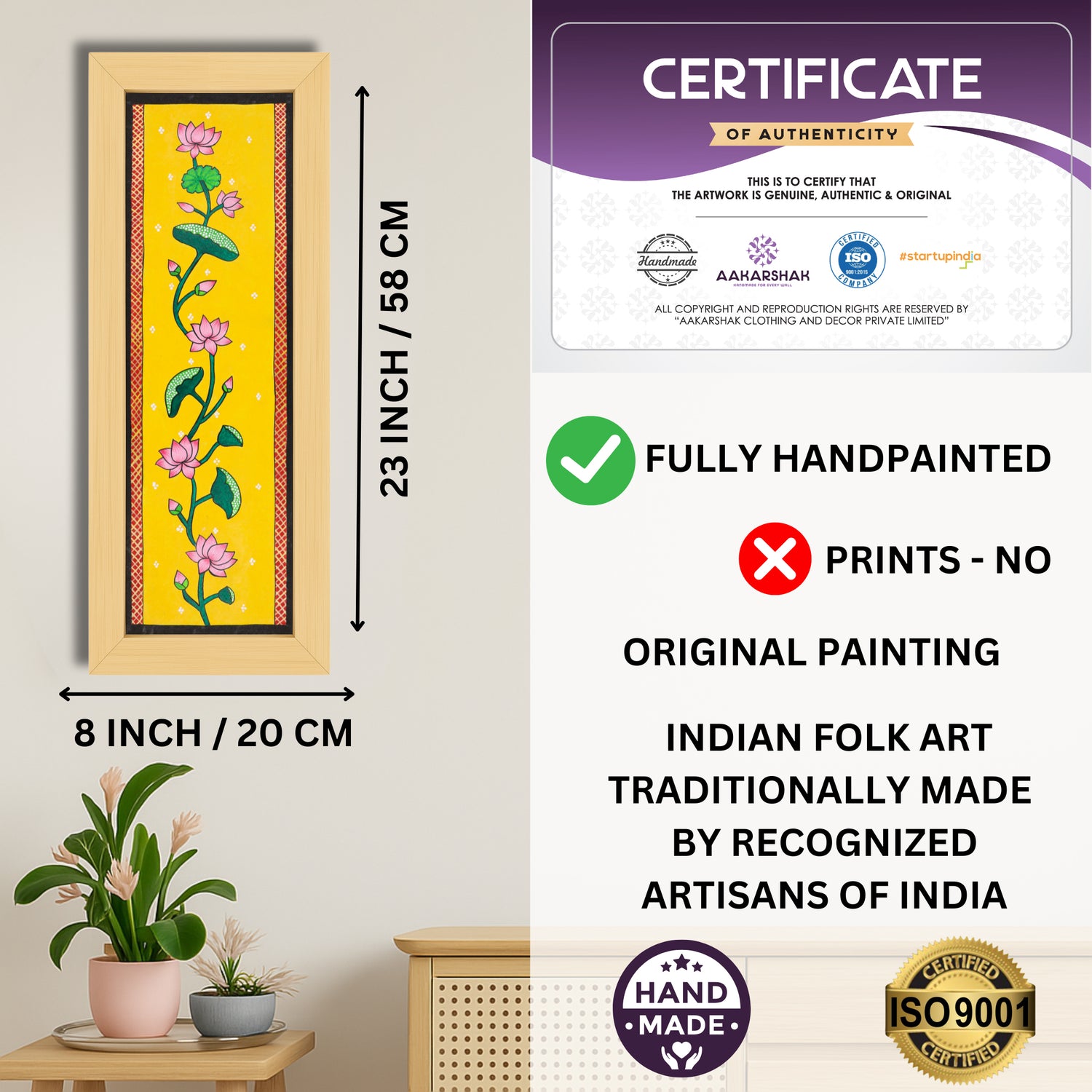 Framed artwork with dimensions, authenticity certificate and handmade iso certified-lotus pichwai painting