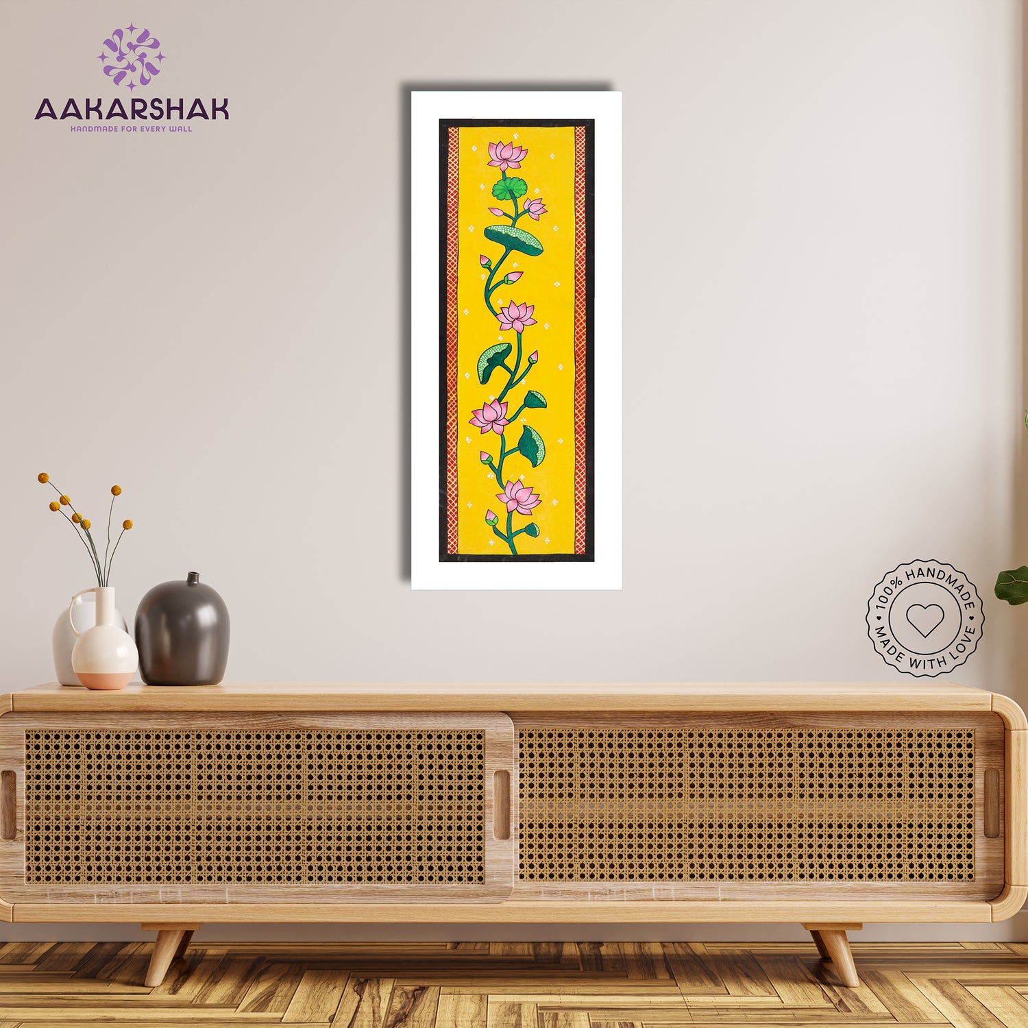 Framed artwork with lotus design -handmade pichwai painting for home decor