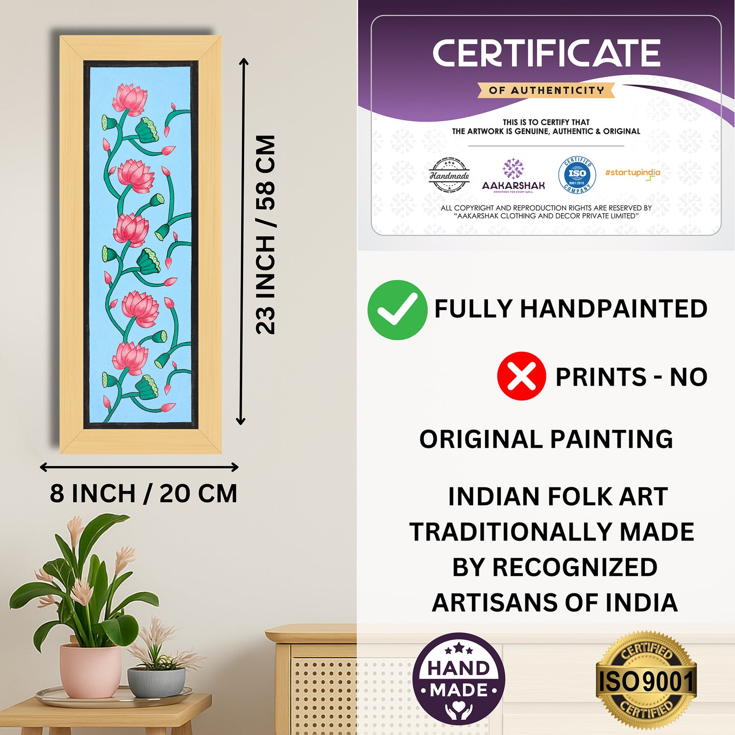 Framed artwork with dimensions, authenticity certificate and handmade iso certified-lotus pichwai painting