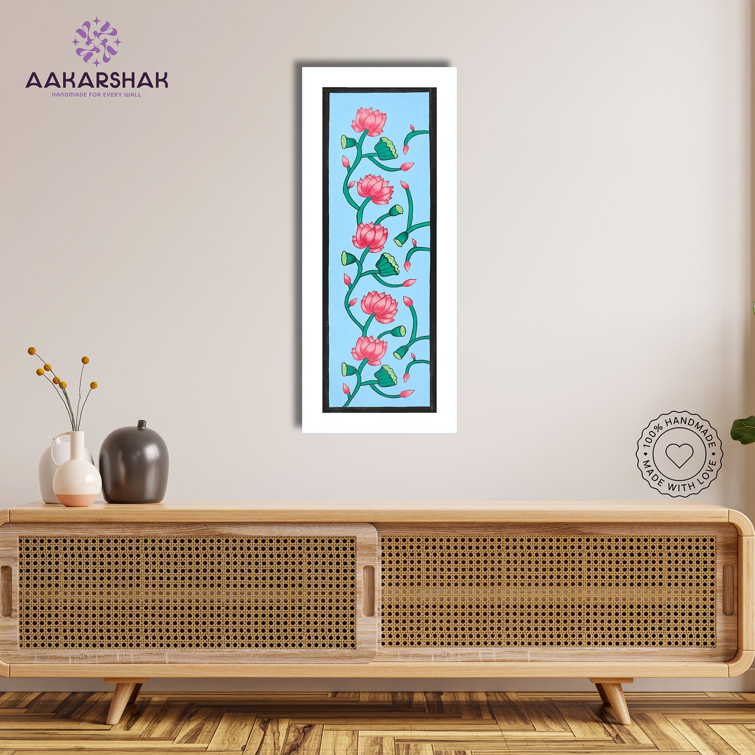 Framed artwork with lotus design -handmade pichwai painting for home decor