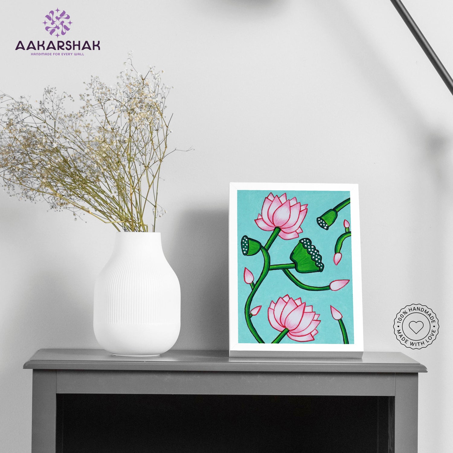 Handmade pichwai lotus painting-with tabletop stand for home decor
