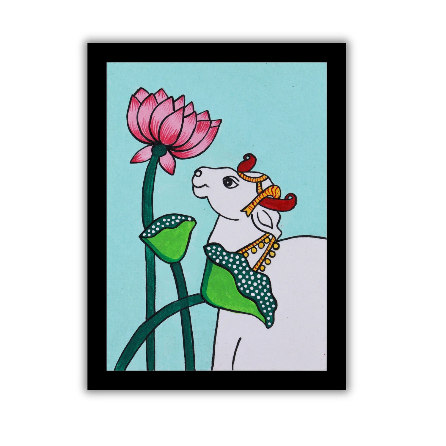 handmade pichwai painting Lotus and Cow-in vibrant traditional folk art style
