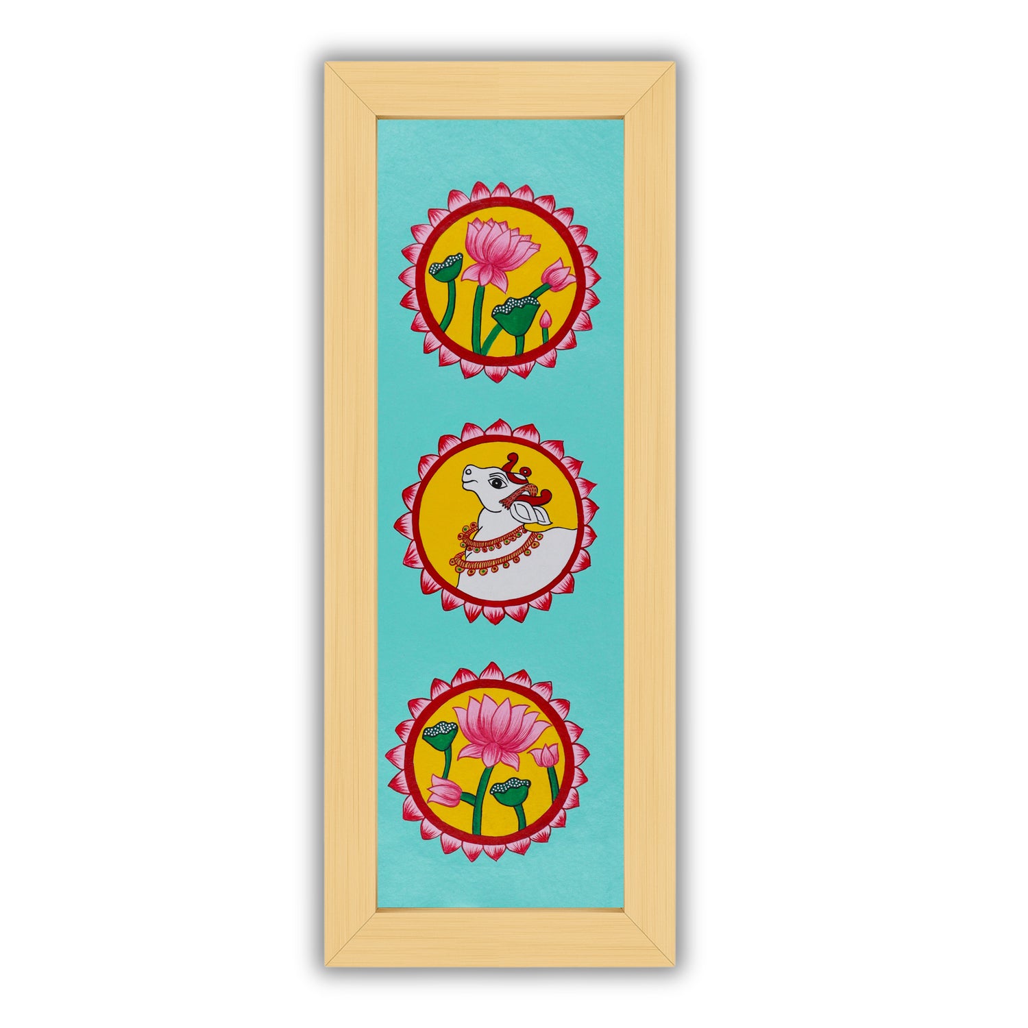 Framed artwork of a colorful lotus and cow-with handmade pichwai painting 