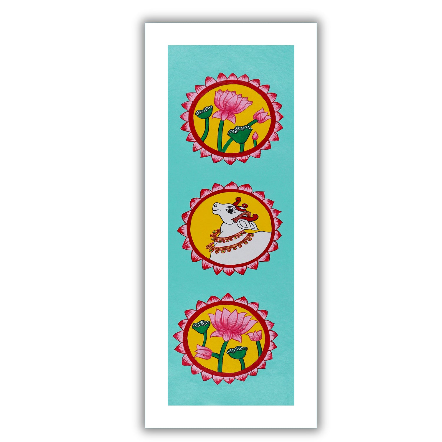 Framed artwork of a colorful lotus and cow-with handmade pichwai painting 