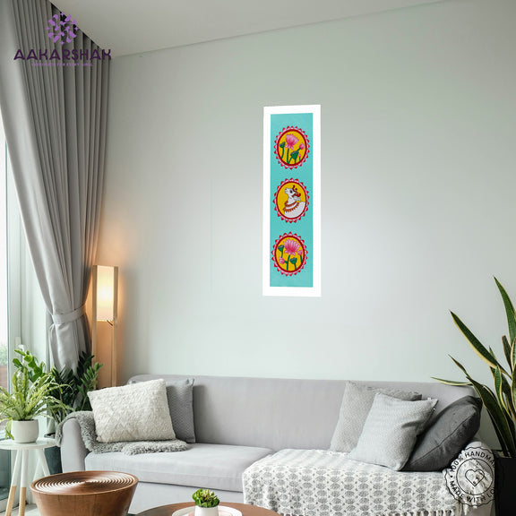 vibrant handmade lotus and cow painting-depicting indian folk traditions