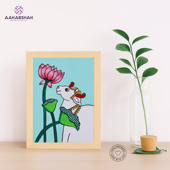 Handmade pichwai Lotus and Cow painting-with tabletop stand for home decor
