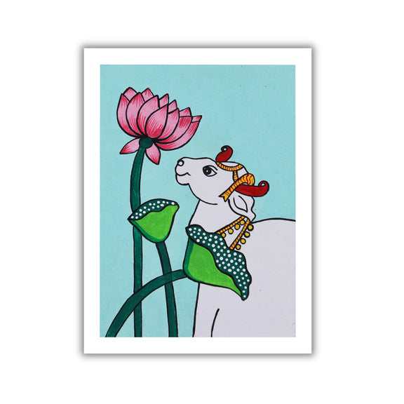handmade pichwai painting Lotus and Cow-in vibrant traditional folk art style
