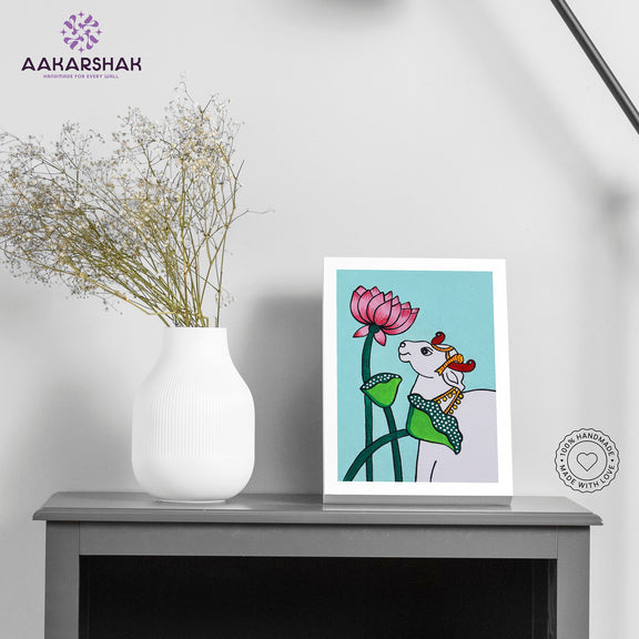 Handmade pichwai Lotus and Cow painting-with tabletop stand for home decor

