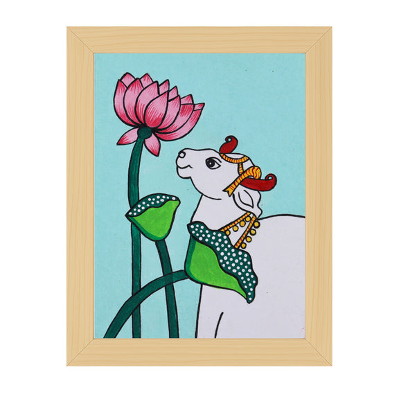 handmade pichwai painting Lotus and Cow-in vibrant traditional folk art style
